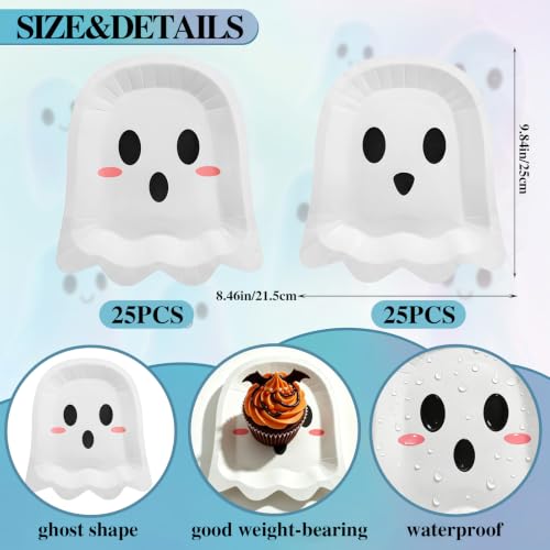 Halloween Ghost Paper Plates - White 9.84 Inch Disposable Party Dinnerware - 50 Pack