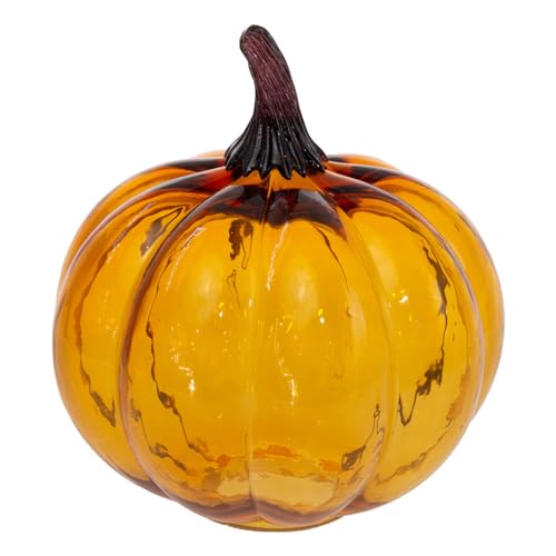 Large Hand Blown Glass Pumpkin - Amber Orange Fall Halloween Thanksgiving Decor