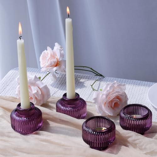 Purple Candlestick Holders Set of 4 - Vintage Glass Taper Candle Holders for Halloween Thanksgiving Christmas Fall Weddings