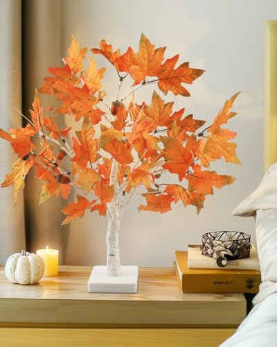 Fall Light Up Artificial Maple Tree Set - 22 Inch Battery-Operated LED Decor for Thanksgiving & Halloween