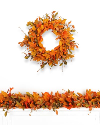 Fall Wreath for Front Door 24 Inch Autumn Leaves Pumpkin Outdoor - Orange