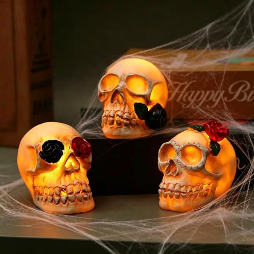 Halloween Skull Figurine Set Gothic Skull Decor with Roses - Color4