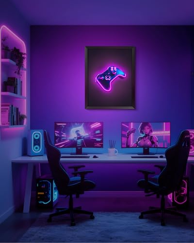 Neon Game Controller Wall Art with LED Glow - Purple/Blue Cyberpunk Decor for Gaming Rooms & Bedrooms - 20L x 16W - Black Frame Variation