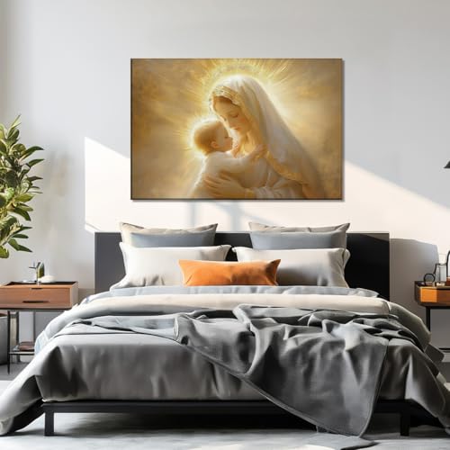 Virgin Mary Canvas Wall Art - Mother Mary Holding Baby Jesus in Gold - 18x12 Inches