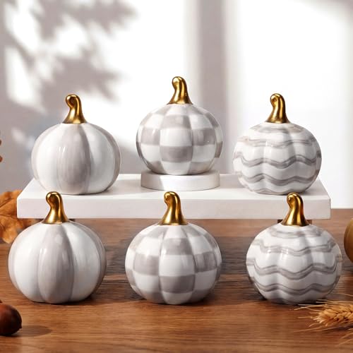 DoubleFill White Checkered Stripe Ceramic Pumpkins Fall Centerpiece - Gray & White, 6 Pieces