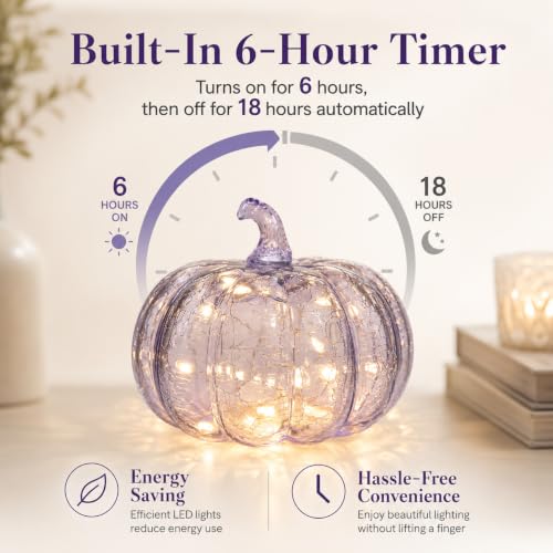 Lavender Crackle Glass Pumpkin Light - 5.5 Inch Battery-Operated LED Decor with 3 Modes & 6H Timer