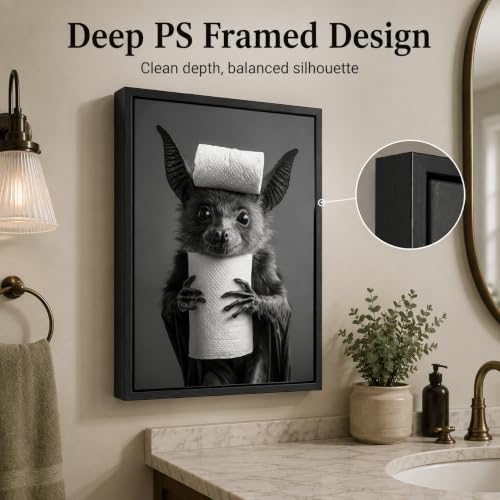 Funny Bat Bathroom Wall Art - Framed Toilet Paper Bat Artwork, 24x16 Inches
