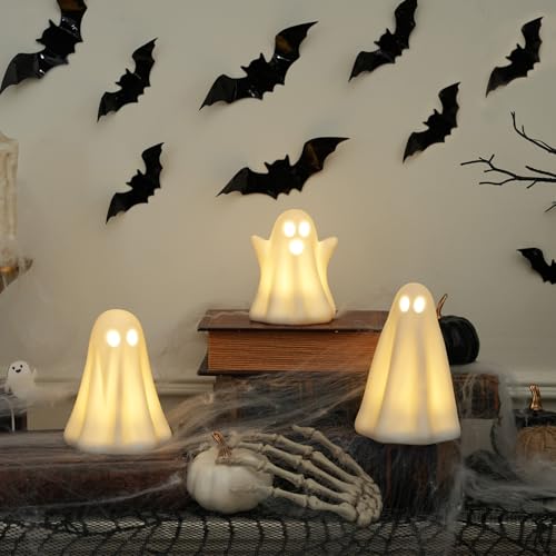 Halloween Ghost Decor Set - Light Up Ceramic Ghosts with Timer - Indoor Halloween Decorations - Variation of THIS listing