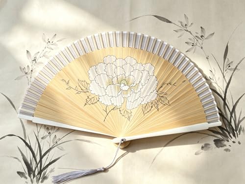 Handheld Silk Folding Fan with Bamboo Frame - White Peony, 8.66 Inch, Chinese & Japanese Style, Party & Wedding Prop