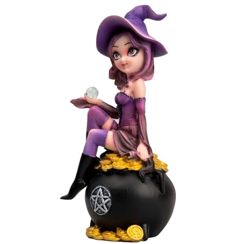 Purple Witch Resin Statue on Cauldron with Crystal Ball & Gold Coins - Whimsical Gothic Decor - Variation of THIS listing