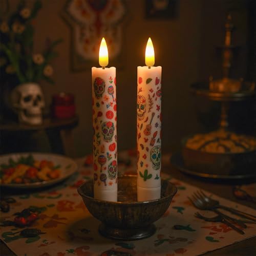 2 Pack Dia De Los Muertos Flameless Candles with Timer Remote - Skeleton & Flower Design