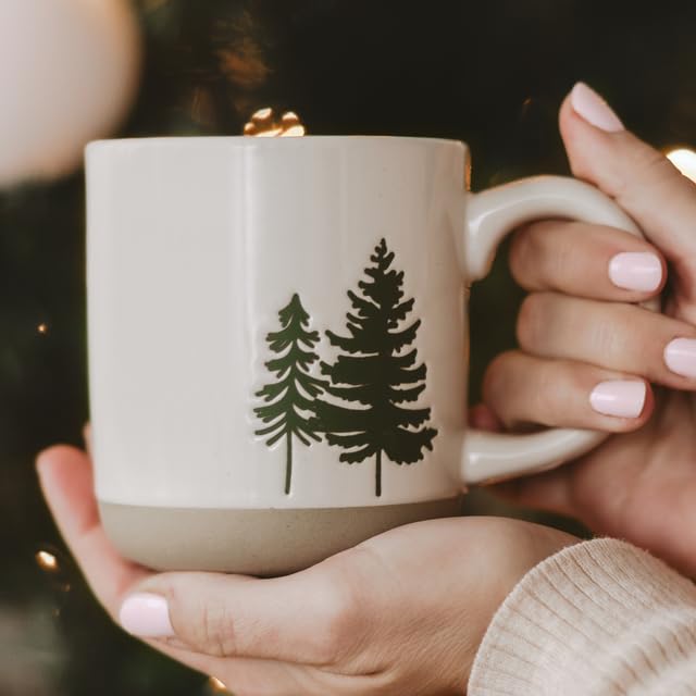 Green Trees Coffee Mug - 14oz Holiday Stoneware Cup, Microwave & Dishwasher Safe, Festive Winter Gift