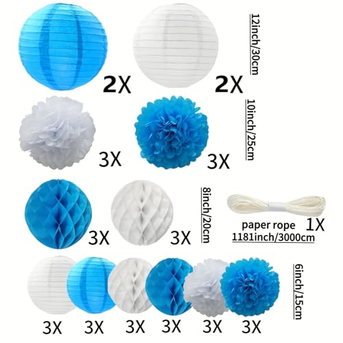 Blue and White Paper Lantern & Decoration Set for Weddings Parties and Events - 34 pcs