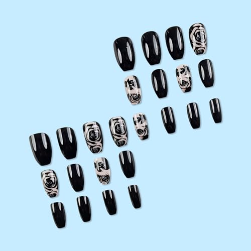 Coffin Press On Nails Short Fake Nails with Rose Leaves Design - Black Glossy 24Pcs
