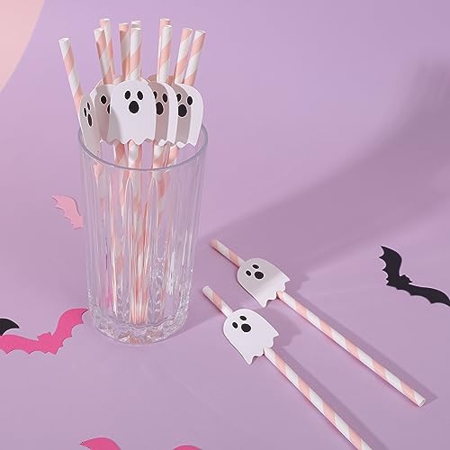 Pink Halloween Ghost Paper Straws - 12 Pack Cute Party Supplies