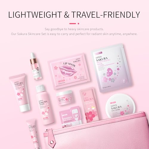 LAIKOU Sakura Skincare Set for Teen Girls, Complete 34PCS Face Care Kit, Christmas Pamper Gift Set for Women & Teenage Girls, Hydrating & Nourishing Travel-Friendly Daily Facial Skincare Routine