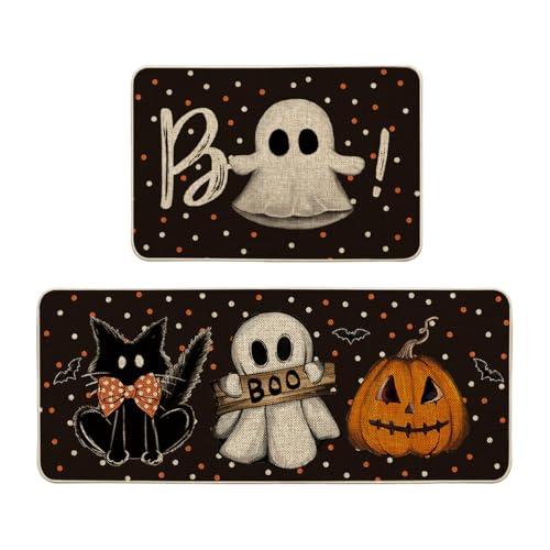 Halloween Pumpkin Kitchen Mats Set of 2 - 24x35 & 24x59 Black