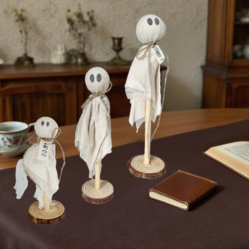 Ghost Halloween Decorations Set - Rustic Wooden Farmhouse Shelf Sitters with Fabric Ghost Figures - Indoor Outdoor Fall Decor - Variation: Ghost
