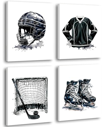 8x10 Inch Hockey Wall Art Set of 4 Framed Canvas Prints - Black & White Sports Decor