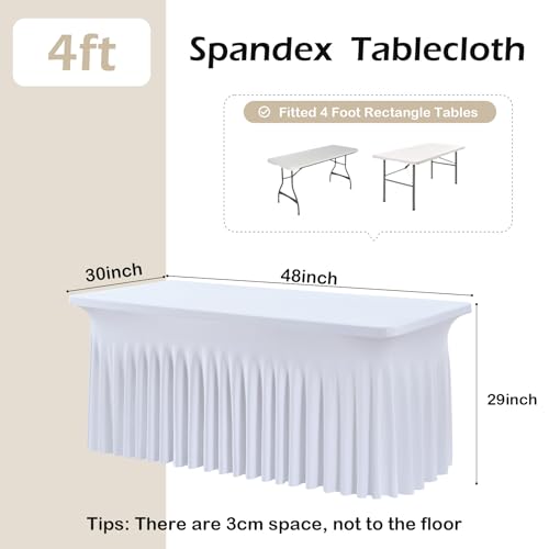 White Spandex Tablecloth 4ft with Ruffle, 2 Pack - Fitted Stretch Table Covers for 6ft Rectangular Tables, Wrinkle-Free Party & Wedding Decor