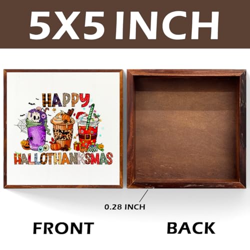 Hallothanksmas Wooden Block Sign - Funny Fall & Holiday Home Decor - Rustic Thanksgiving Christmas Decorations - IAXIC