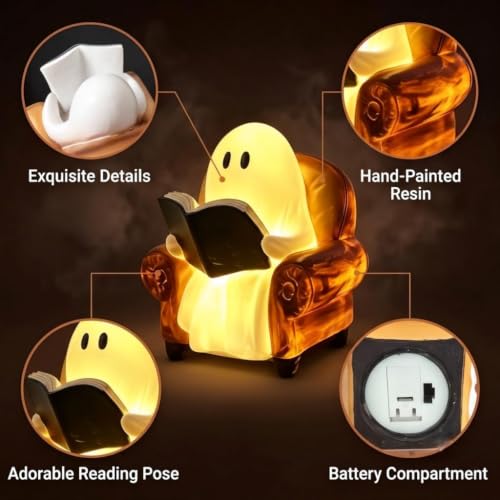 Cute Ghost Book Lamp with LED Light - Halloween & Reading Nook Decor
