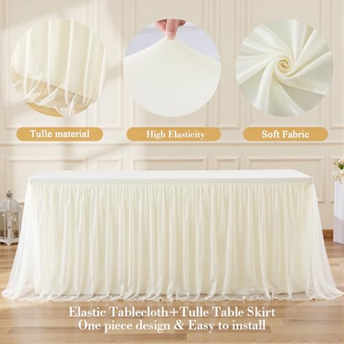 Ivory 6ft Tablecloth & Ruffle Tulle Skirt Set for Weddings & Events - 2 Pack