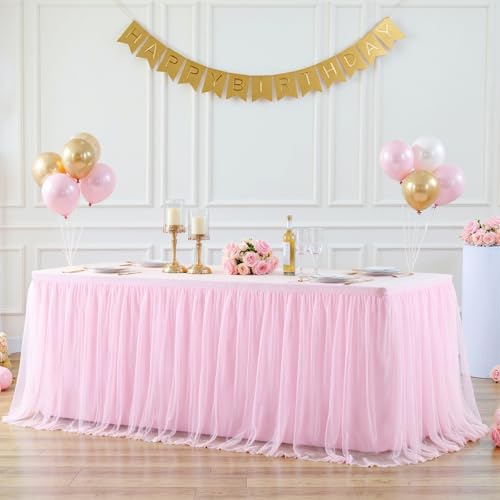 Pink 8ft Rectangle Tablecloth & Tulle Skirt Set - 96x30 Inches, 2 Pack
