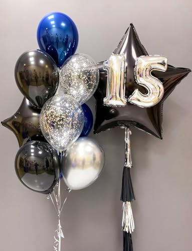 Black Star Balloons Set - 20 Large Foil Star Balloons with Ribbon - Black Variation