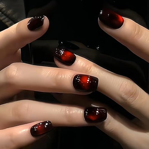 Press-On Nails Short Square Cherry & Black Red Cat Eye Design - 24pcs, Reusable Gel, Easy Application