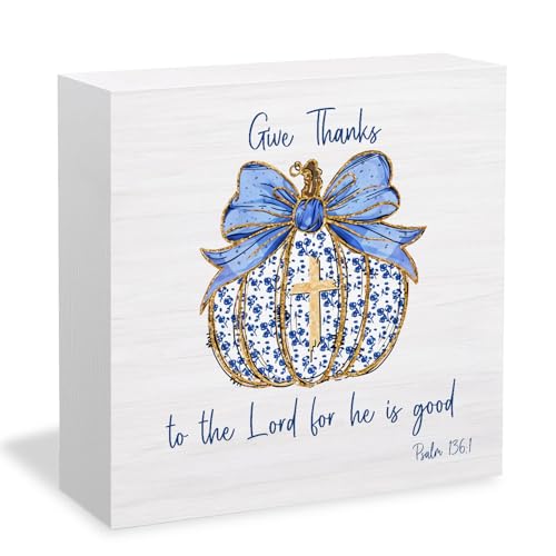 Chinoiserie Fall Wooden Box Sign Desk Decor - Blue Bow - 5x5 Inch