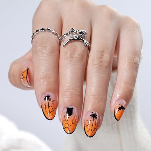 Halloween Press On Nails Short Almond Glitter Spider Design Reusable Set