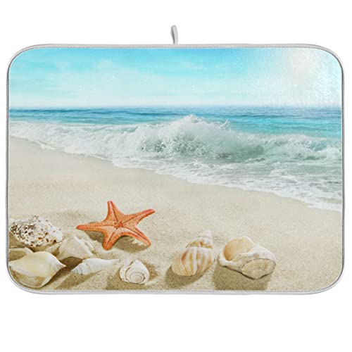 Beach Nautical Dish Drying Mat 16 x 18 Inch Sea Wave Shells Starfish Reversible Microfiber