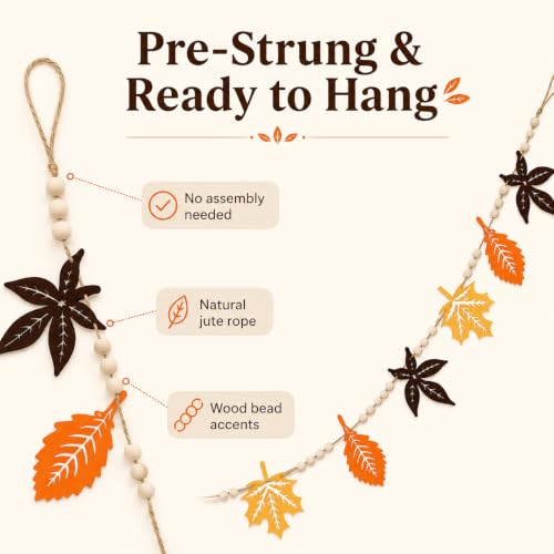 Fall Leaf Garland with Wood Beads - Rustic Thanksgiving Fall Decor