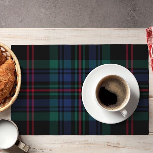 Reversible Plaid Placemat Set of 6 - 12x18 Inches, Blue & Black Farmhouse Style