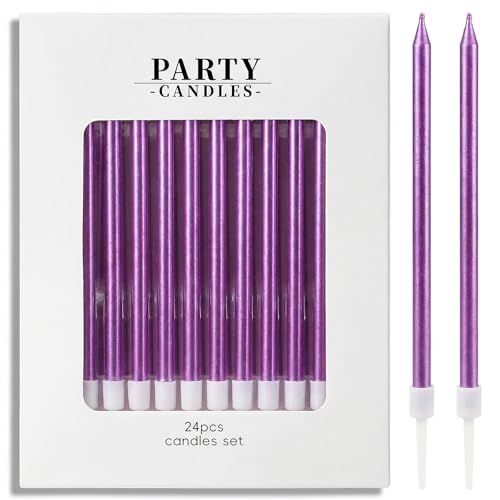 Purple Long Thin Birthday Candles - 24 Count Tall Cake Toppers with Metallic Luster - Party & Celebration Supplies