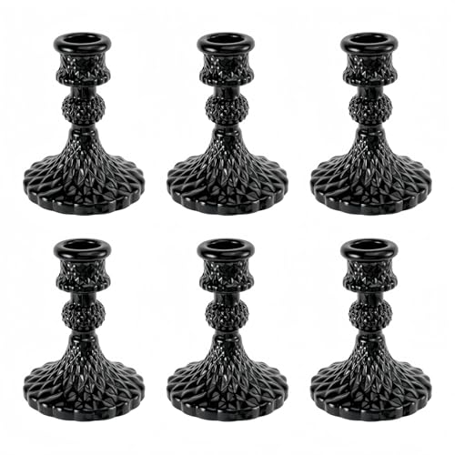 Black Glass Candlestick Holders Set of 6 - Taper Candle Holders with Elegant Design - Black Diamond Variation