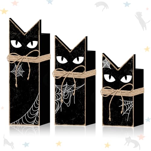 Halloween Black Cat Wooden Tiered Tray Decor Set - 3 Pack, Rustic Spooky Home Accent
