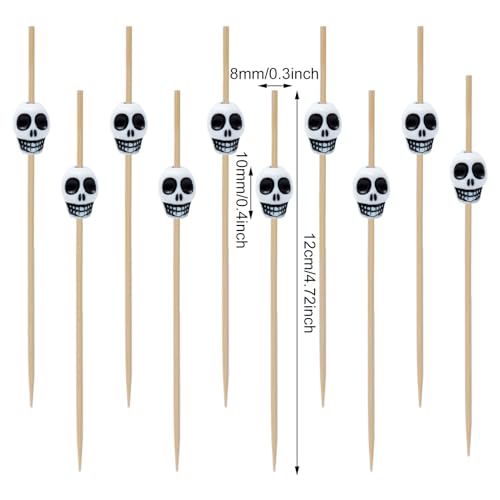 Skull Head Bamboo Cocktail Picks 100PCS Food Skewers for Fruit, Appetizers & Drinks