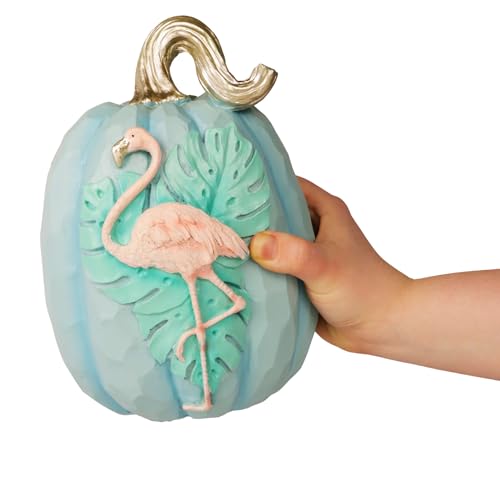 Coastal Pumpkin Decor with Flamingo & Tropical Leaves - Fall Halloween Beach House