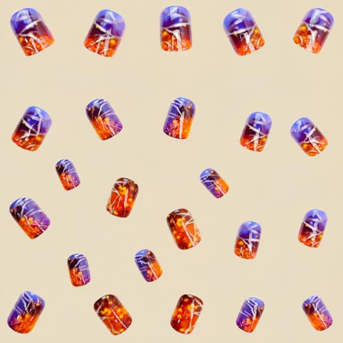 Halloween Short Square Press On Nails - Purple Orange Gradient Glitter - Variation 22