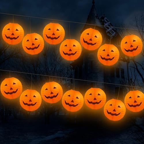 12-Pack Halloween Pumpkin Paper Lanterns - 8 Inch Orange & Black Decorations