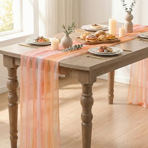 28 x 120 Inch Boho Orange Stripes Fall Thanksgiving Chiffon Table Runner - Seasonal Kitchen Decor