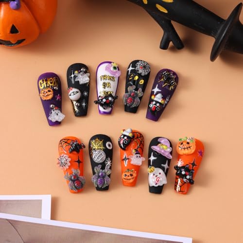 Halloween Pumpkin Bats Nail Charms Rhinestones Set - Orange, 12 Grids for DIY Nail Art
