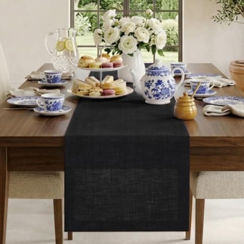 Black Linen Table Runner 14x90 Inches - Elegant European Flax Fabric