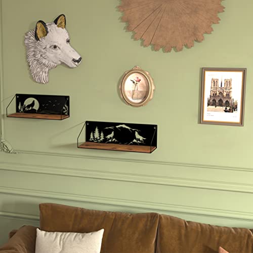 Giftgarden Wolf Shelves - Floating Wall Shelves with Howling Wolves Cutout Rustic Wood and Iron Decor for Cabin Bedroom Bathroom