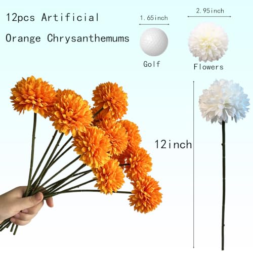 Artificial Mums 12-Inch Silk Flowers with Bendable Wire Stems - Orange, 12 Pack