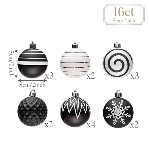 Medium 2-Inch Black and White Shatterproof Christmas Ornaments Set - Modern Holiday Decor