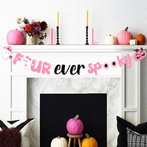Halloween 4th Birthday Banner - Pink Black Spooky Party Decorations for Girls