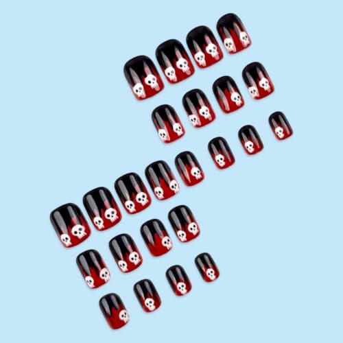 Halloween Short Square Fake Nails with Skull Glow in the Dark Design - Variation Hall04 (24Pcs)